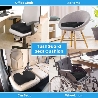 Black seat cushion shown on office chair, car seat, and wheelchair seat