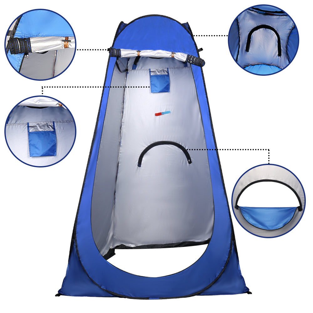 Blue pop-up shower changing tent with labeled interior features and open front