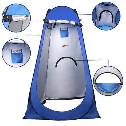 Blue pop-up shower changing tent with labeled interior features and open front