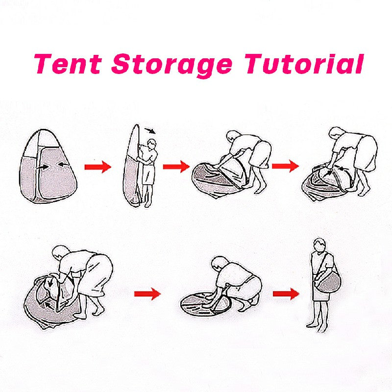 Tent storage tutorial diagram showing steps to fold and pack the pop-up tent