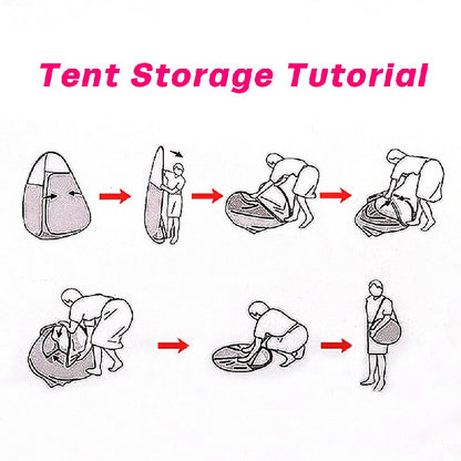 Tent storage tutorial diagram showing steps to fold and pack the pop-up tent