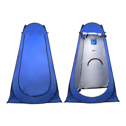 Blue pop-up shower changing tent shown front view and open front view side by side