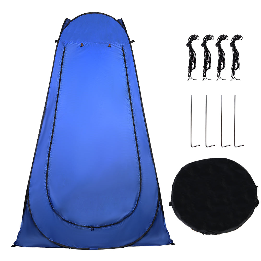 Blue pop-up shower changing tent, open privacy door, with stakes and black round cover
