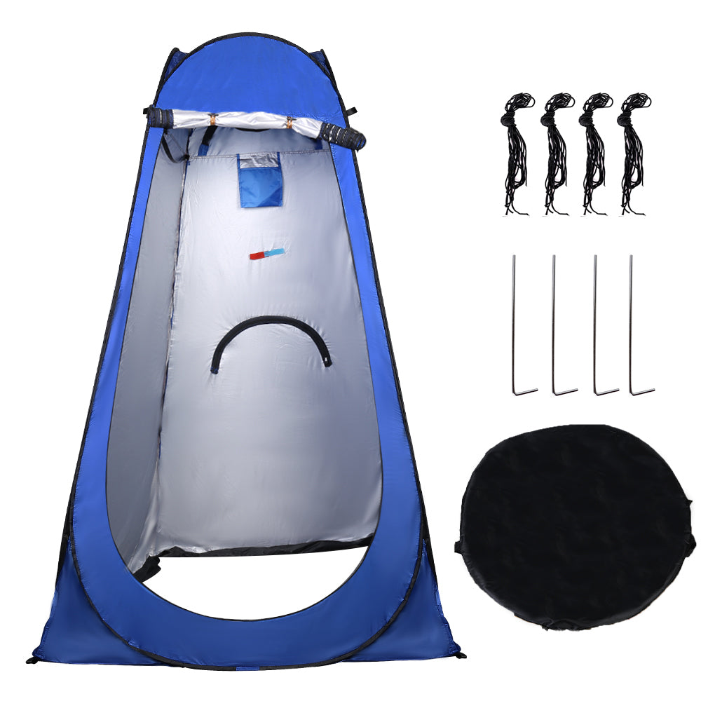Blue pop-up shower changing tent with open front privacy screen and interior accessory pocket