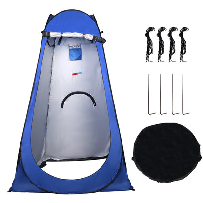 Blue pop-up shower changing tent with open front privacy screen and interior accessory pocket