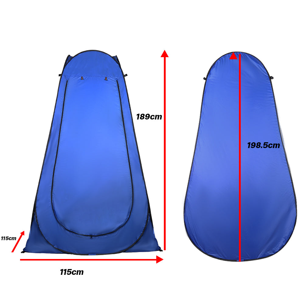 Blue pop-up shower changing tent with size measurements shown on front and side views