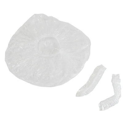 Disposable transparent shower cap with elastic band, shown flat with extra strap pieces