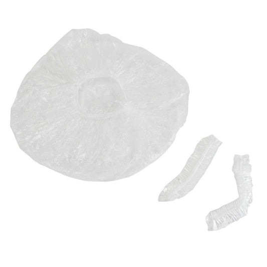 Disposable transparent shower cap with elastic band, shown flat with extra strap pieces
