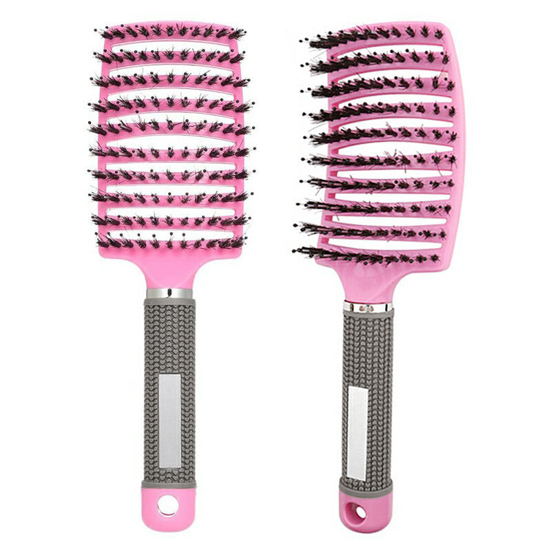 Pink curved detangling hair brush with nylon bristles and boar bristle tips