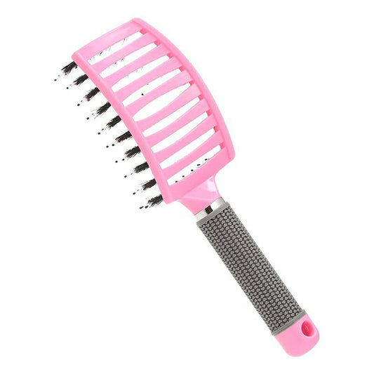 Pink paddle detangling brush with black pin bristles and textured grip handle