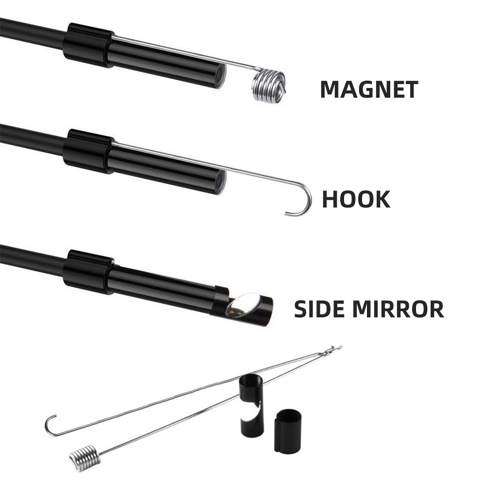 Endoscope camera tip accessories: magnet, hook, and side mirror attachments