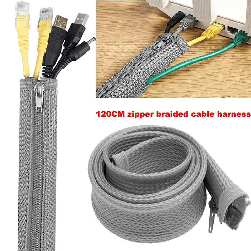 Grey 120cm braided cable sleeve with zipper, securing multiple plugged cables