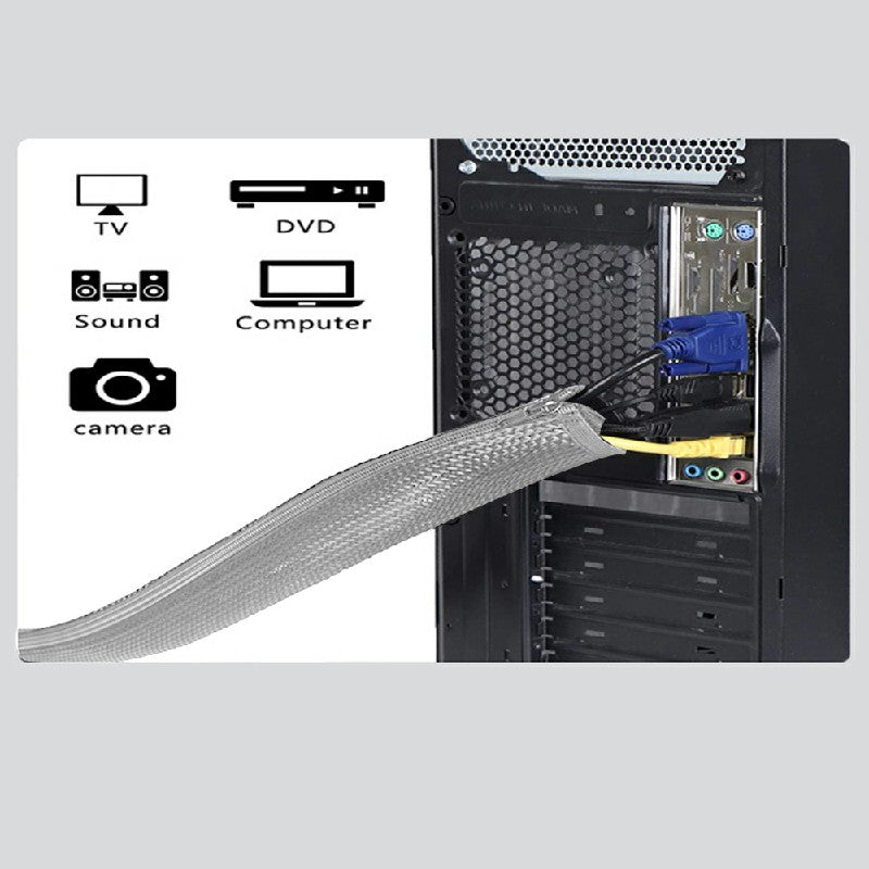Grey braided cable organizer sleeve routed across a computer’s ports and cables