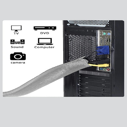 Grey braided cable organizer sleeve routed across a computer’s ports and cables