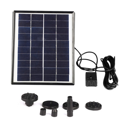 Solar panel powered water pump kit with blue panel, black pump, and power cord