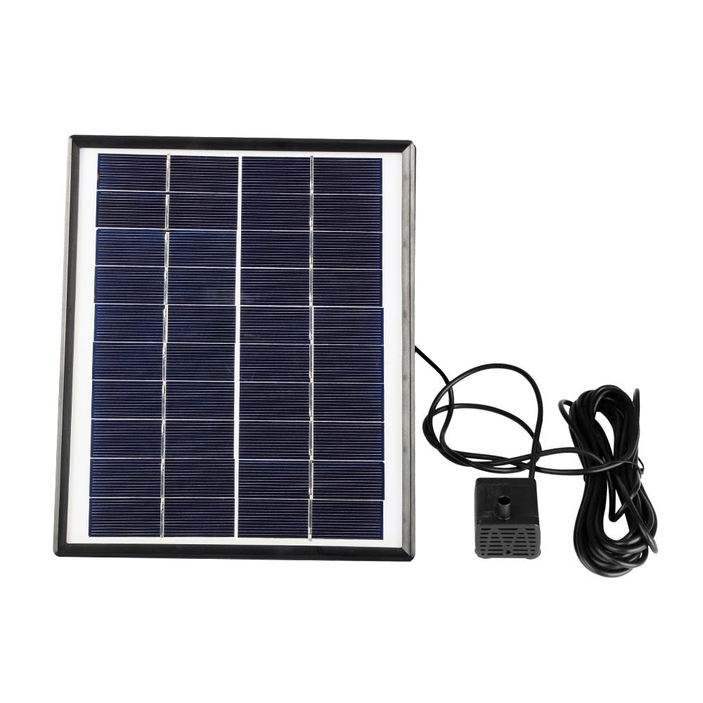Solar panel powered water pump system with blue panel, black pump, and cables