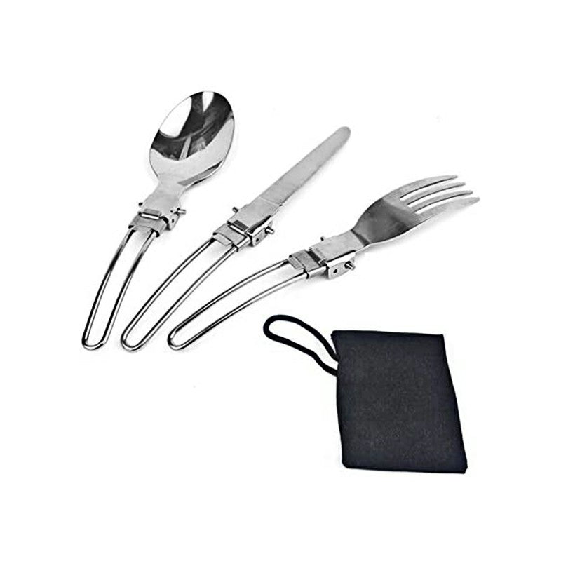 Stainless steel folding dinner flatware set with spoon, fork, knife and carry pouch