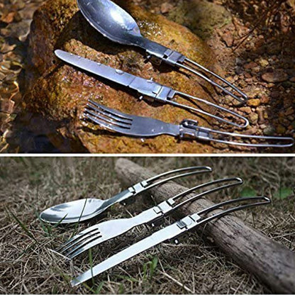 Stainless steel folding flatware set shown open: spoon, fork, knife