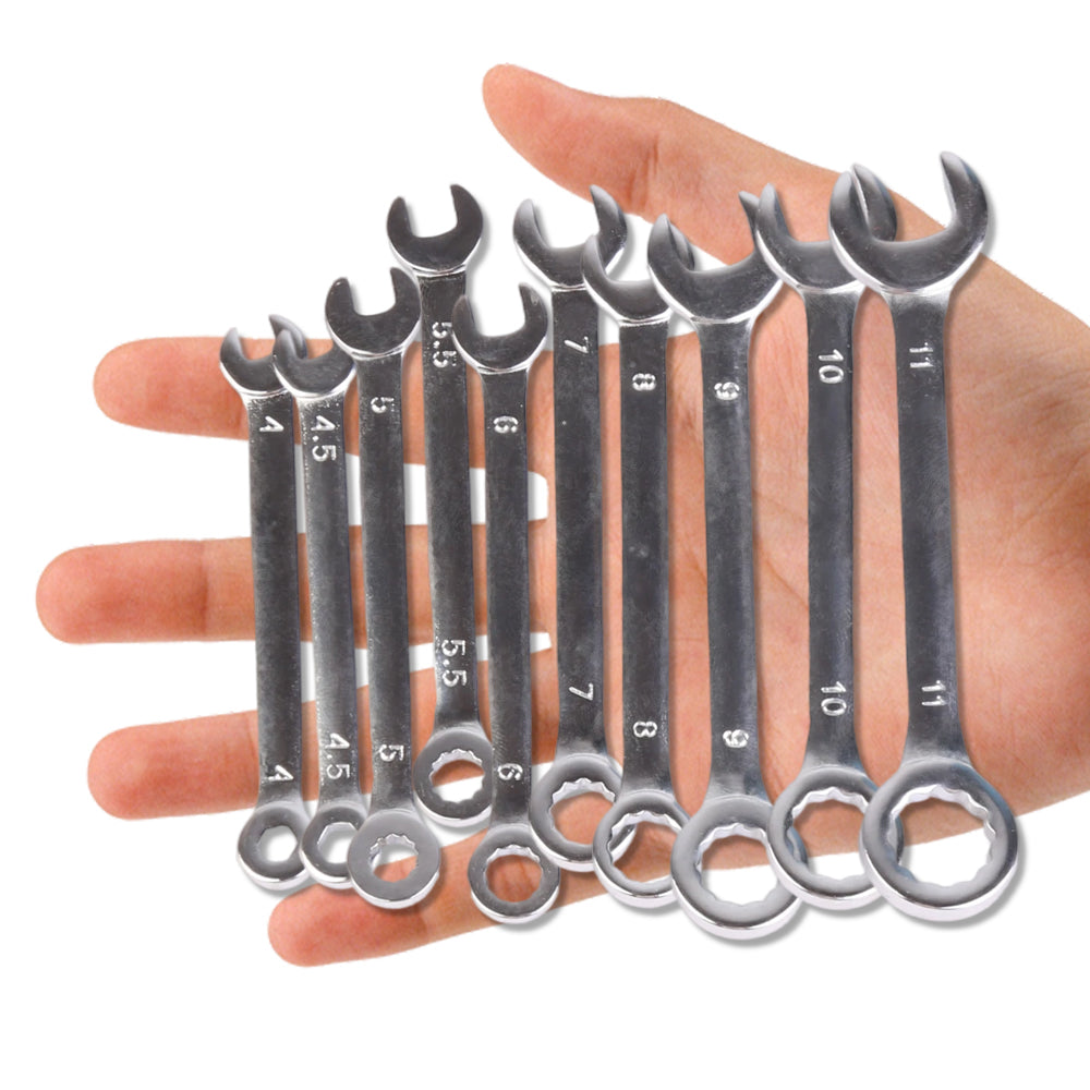 Set of 10 small combination wrenches, mixed open-end and box-end ends on a palm