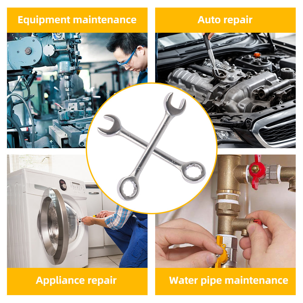 Small combination wrench in a round inset on an equipment repair infographic