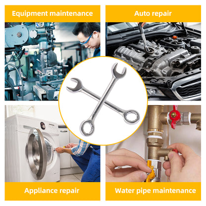 Small combination wrench in a round inset on an equipment repair infographic