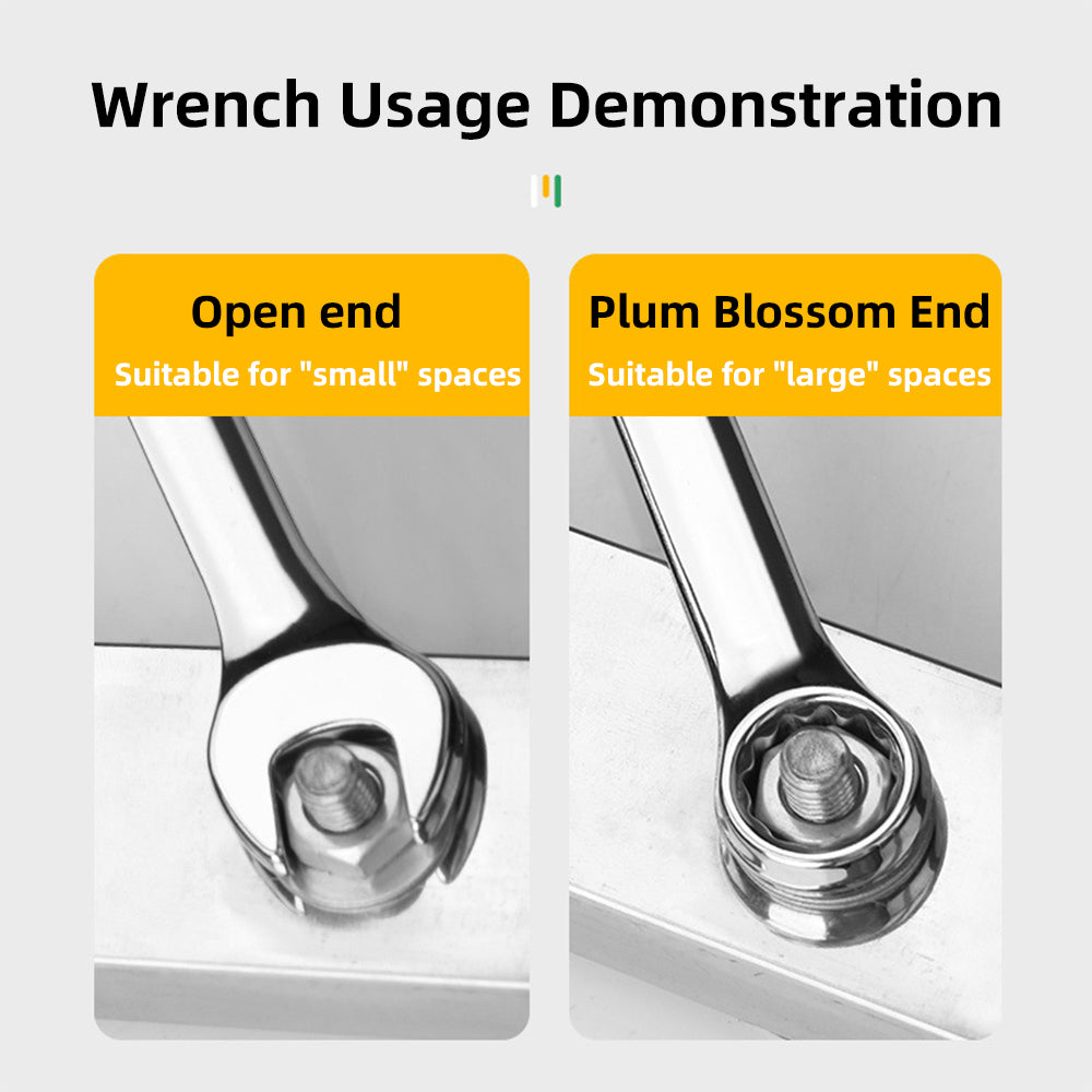 Two open-end wrench positions showing different end sizes for bolt heads