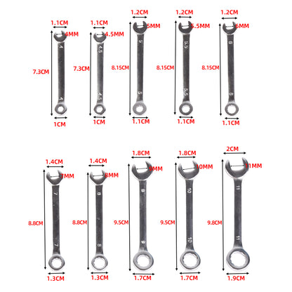 Measurement chart of small combination spanners with open and box-end sizes