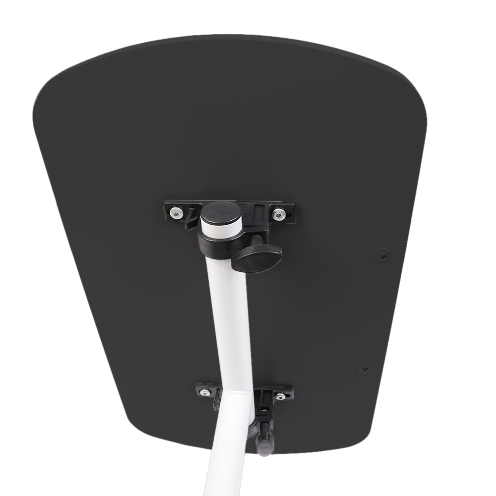 Adjustable overbed table mounting bracket with black top and white support pole