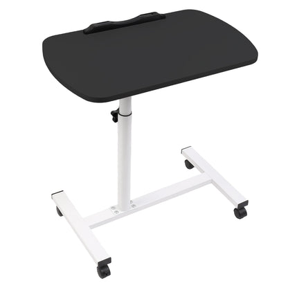 Adjustable overbed table with black tabletop, white frame, and four casters
