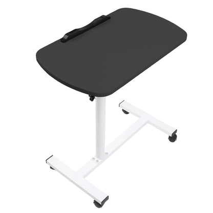 Adjustable overbed table with black tabletop and four caster wheels on white base