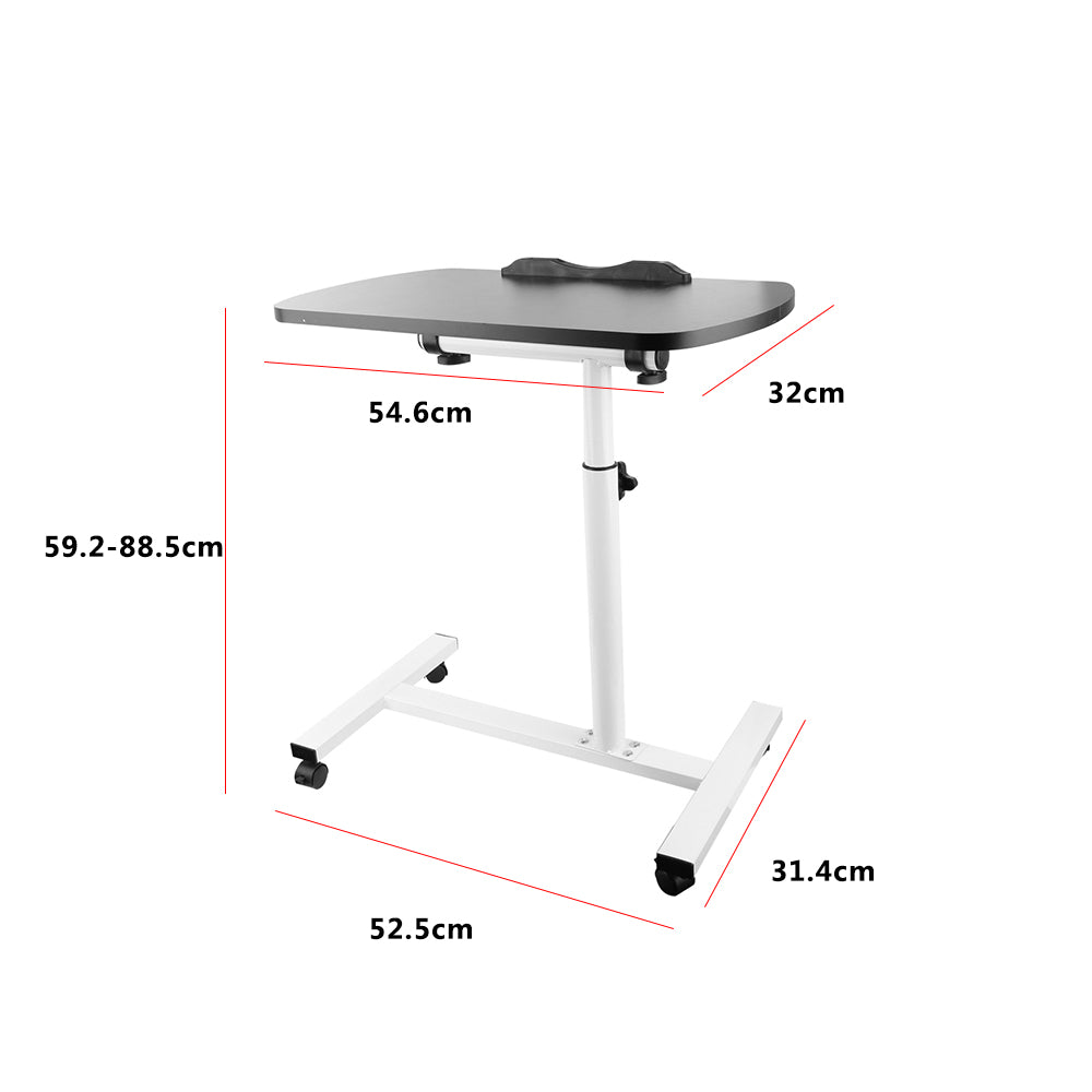 Adjustable overbed table with black top and white base with four caster wheels
