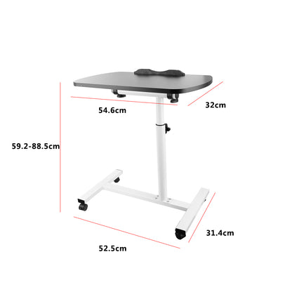 Adjustable overbed table with black top and white base with four caster wheels