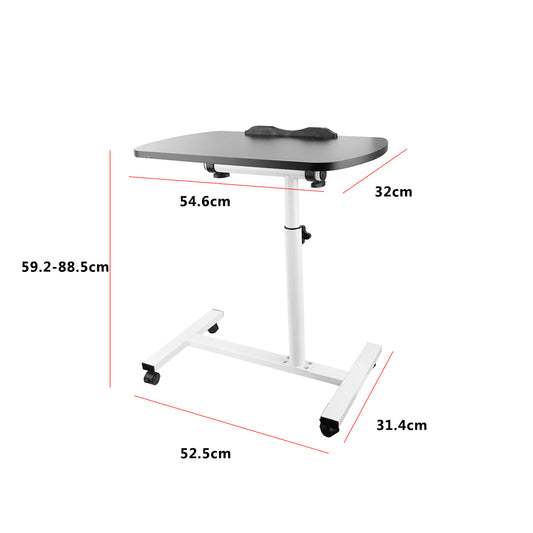 Adjustable overbed table with black top and white base with four caster wheels