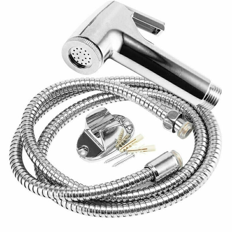 Chrome bidet spray head with flexible stainless hose, handheld shower-style nozzle