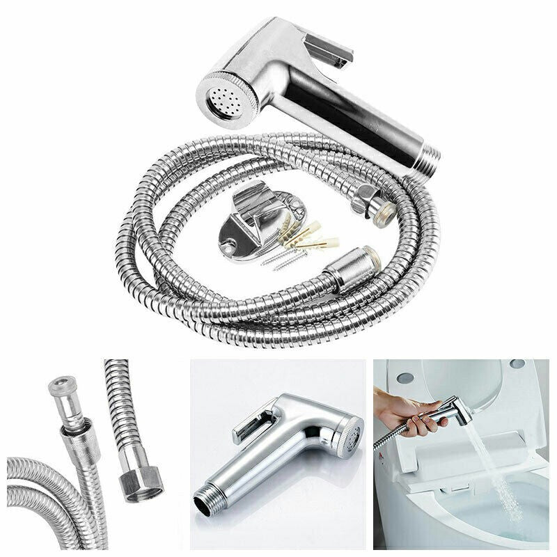 Chrome bidet spray head and flexible hose set with connectors and filter screen
