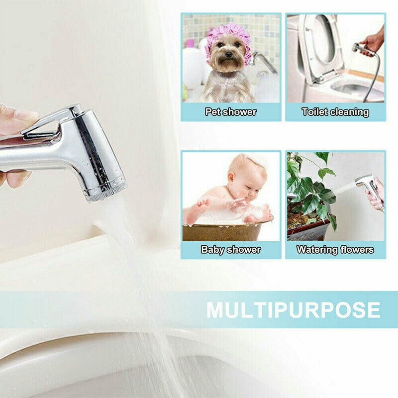 Chrome handheld shower sprayer with flexible hose, shown for bathroom and cleaning