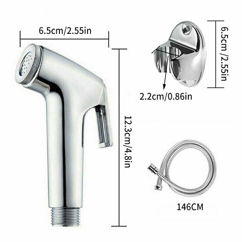Chrome shower sprayer tap with hose, with size diagram and measurements