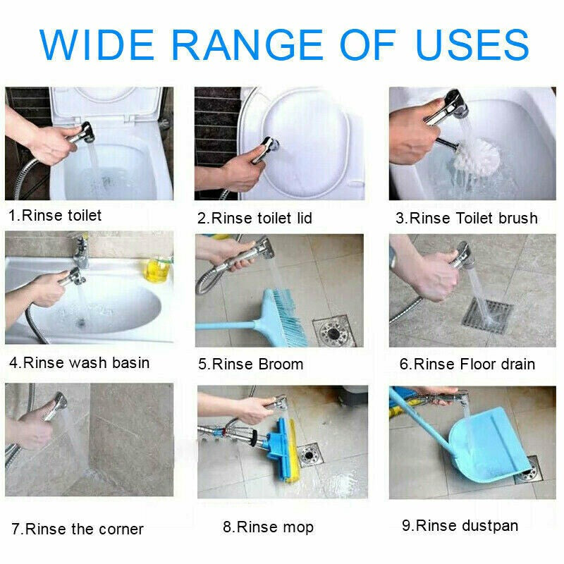 Chrome bidet sprayer shown for toilet, basin, floor and corner rinsing