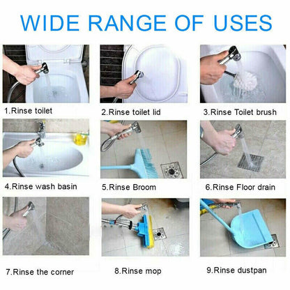 Chrome bidet sprayer shown for toilet, basin, floor and corner rinsing