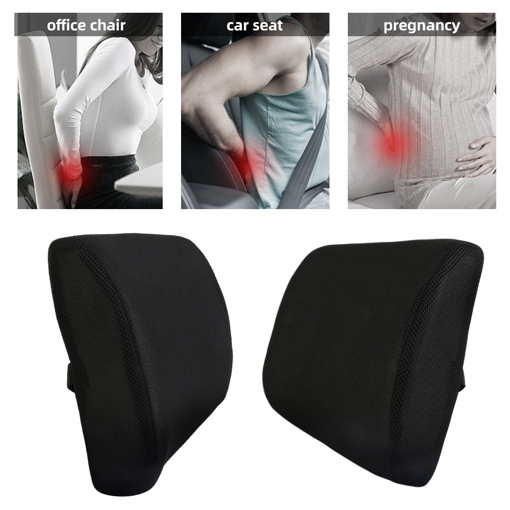 Black lumbar support cushion with strap, shown from front and angled sides