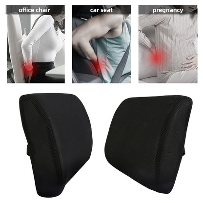 Black lumbar support cushion with strap, shown from front and angled sides