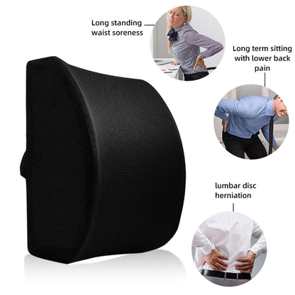 Black lumbar support cushion with strap, contoured backrest for lower back