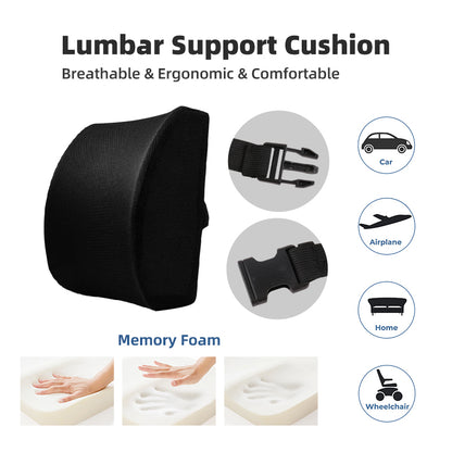 Black lumbar back support cushion, contoured shape, breathable fabric cover