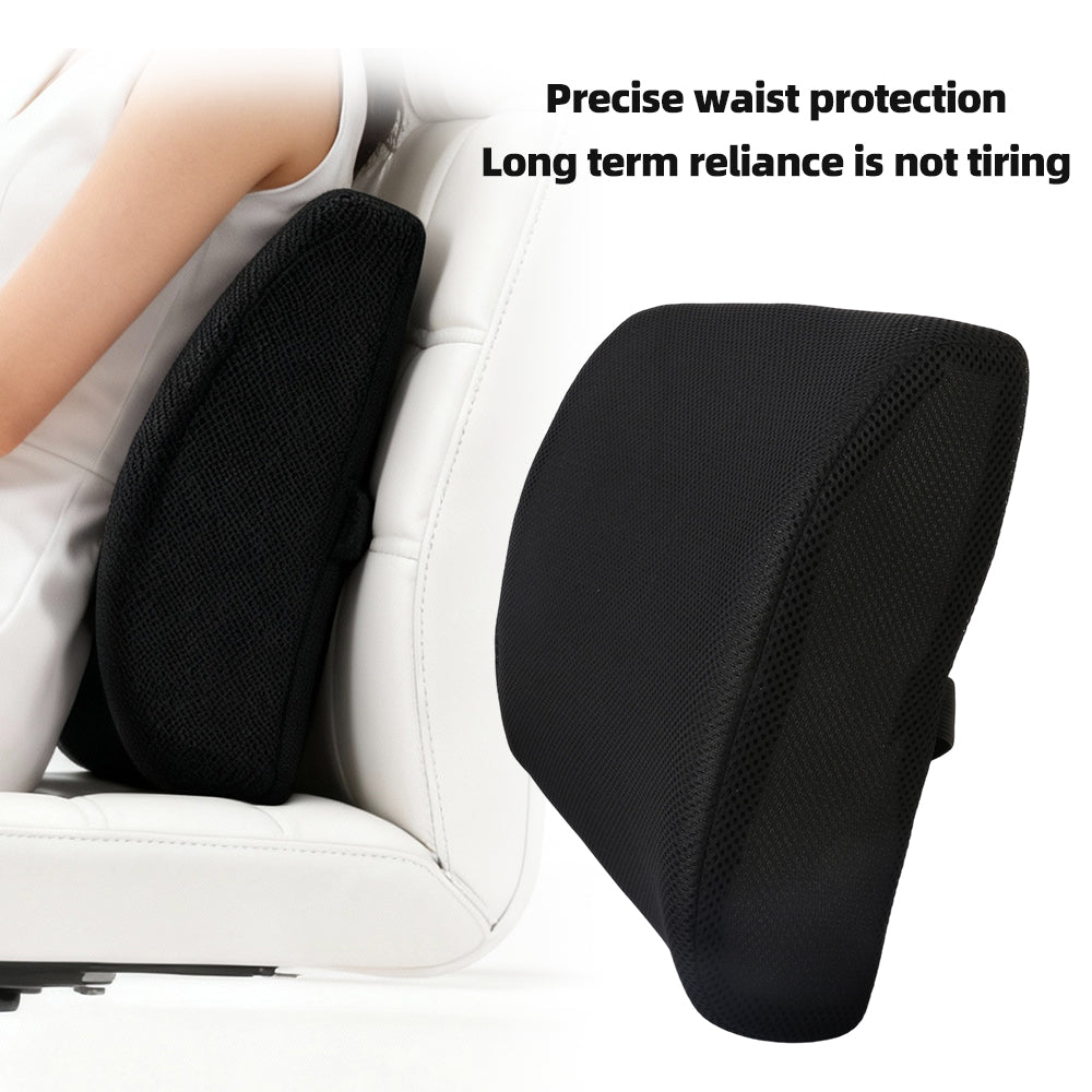 Black lumbar support cushion on white leather chair, contoured backrest for waist support