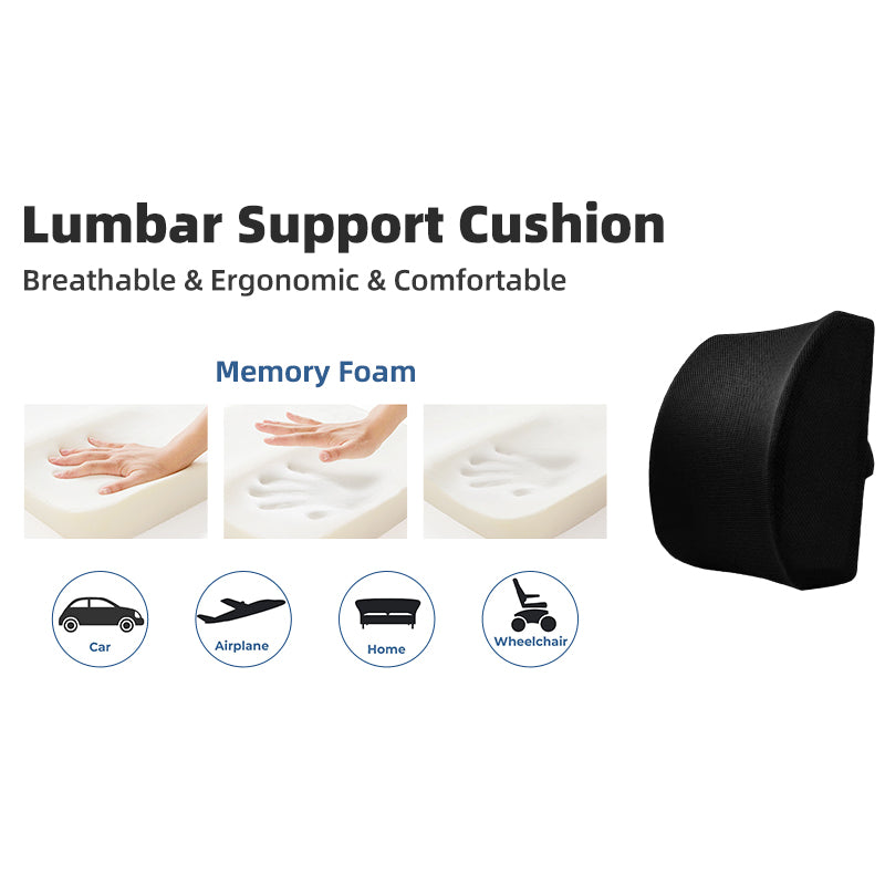Black lumbar support cushion with memory-foam style top, contoured backrest