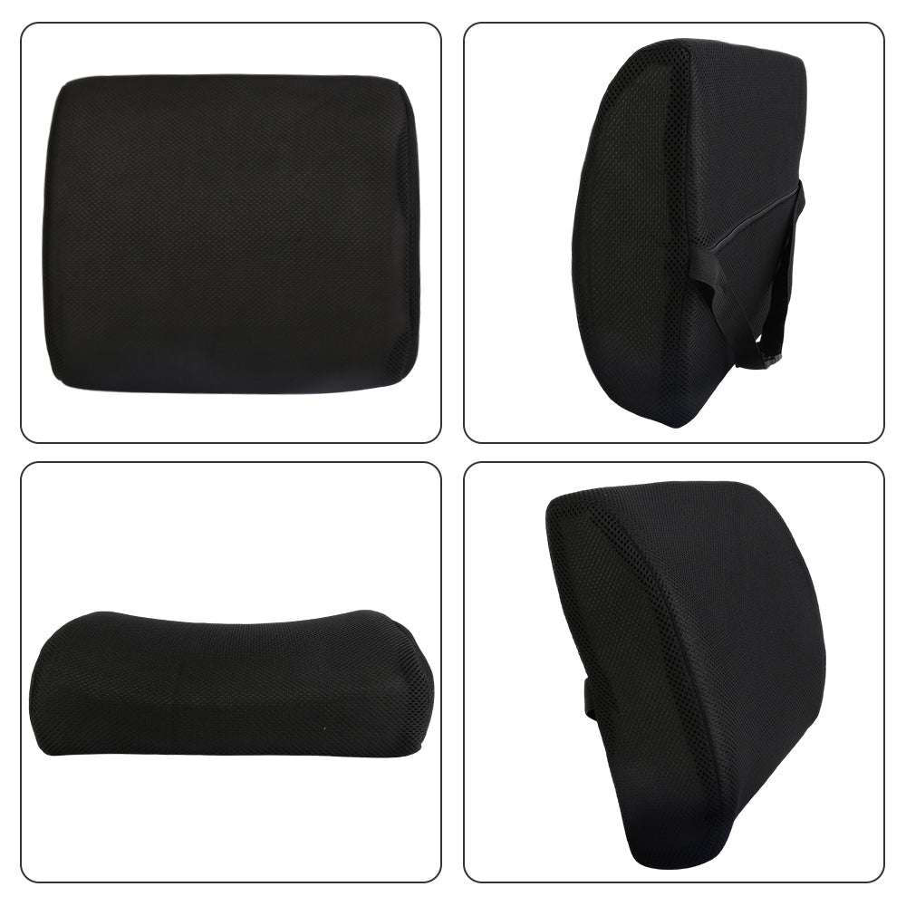 Black lumbar support cushion shown in multiple angles and profiles, with strap