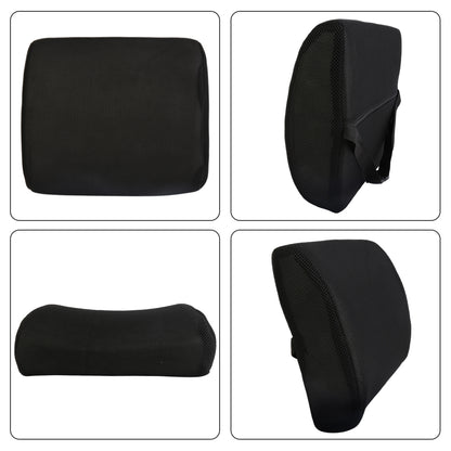 Black lumbar support cushion shown in multiple angles and profiles, with strap