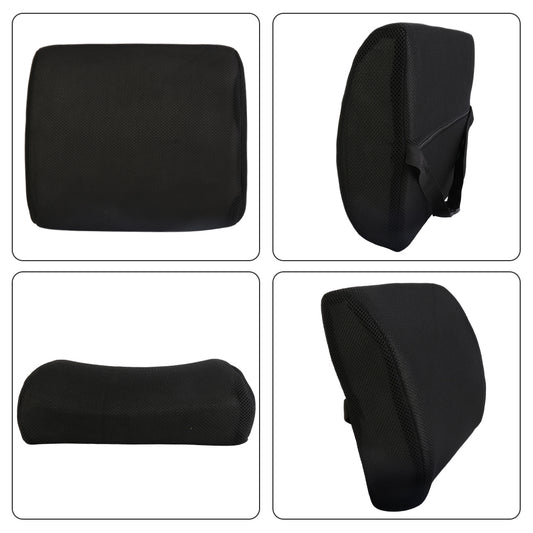 Black lumbar support cushion shown in multiple angles and profiles, with strap