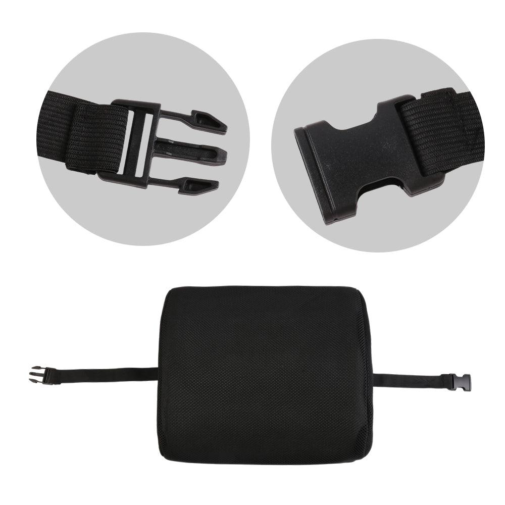 Black lumbar support cushion with two securing straps and hook-and-loop closures