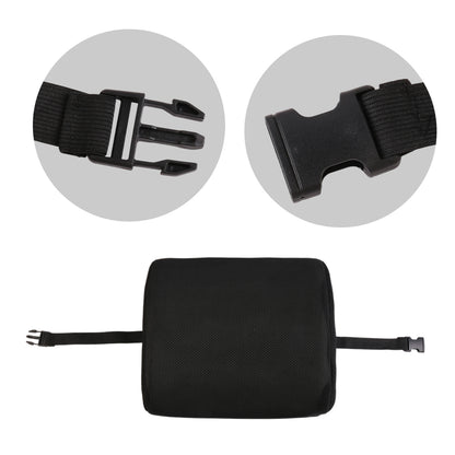 Black lumbar support cushion with two securing straps and hook-and-loop closures